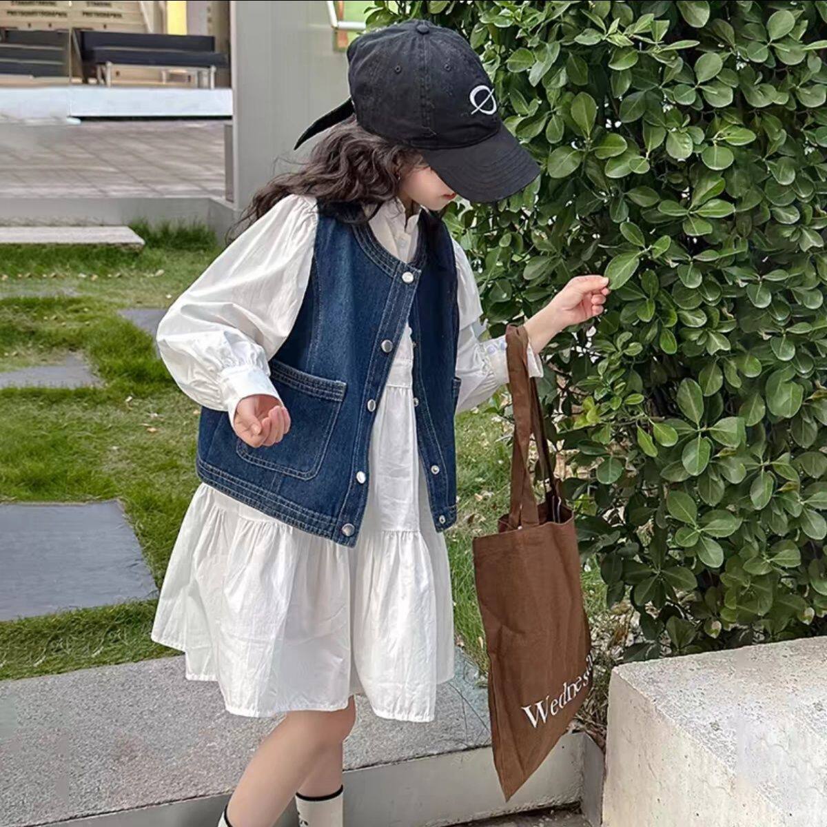 女童拼接衬衫连衣裙牛仔马甲2026新款中大童春秋洋气时尚裙子