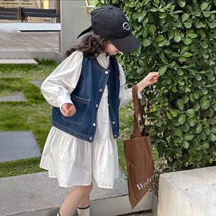 女童拼接衬衫连衣裙牛仔马甲2026新款中大童春秋洋气时尚裙子