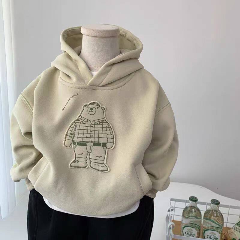 男童加绒连帽卫衣一体绒秋冬套头衫2024新款中小童卡通帅气上衣潮