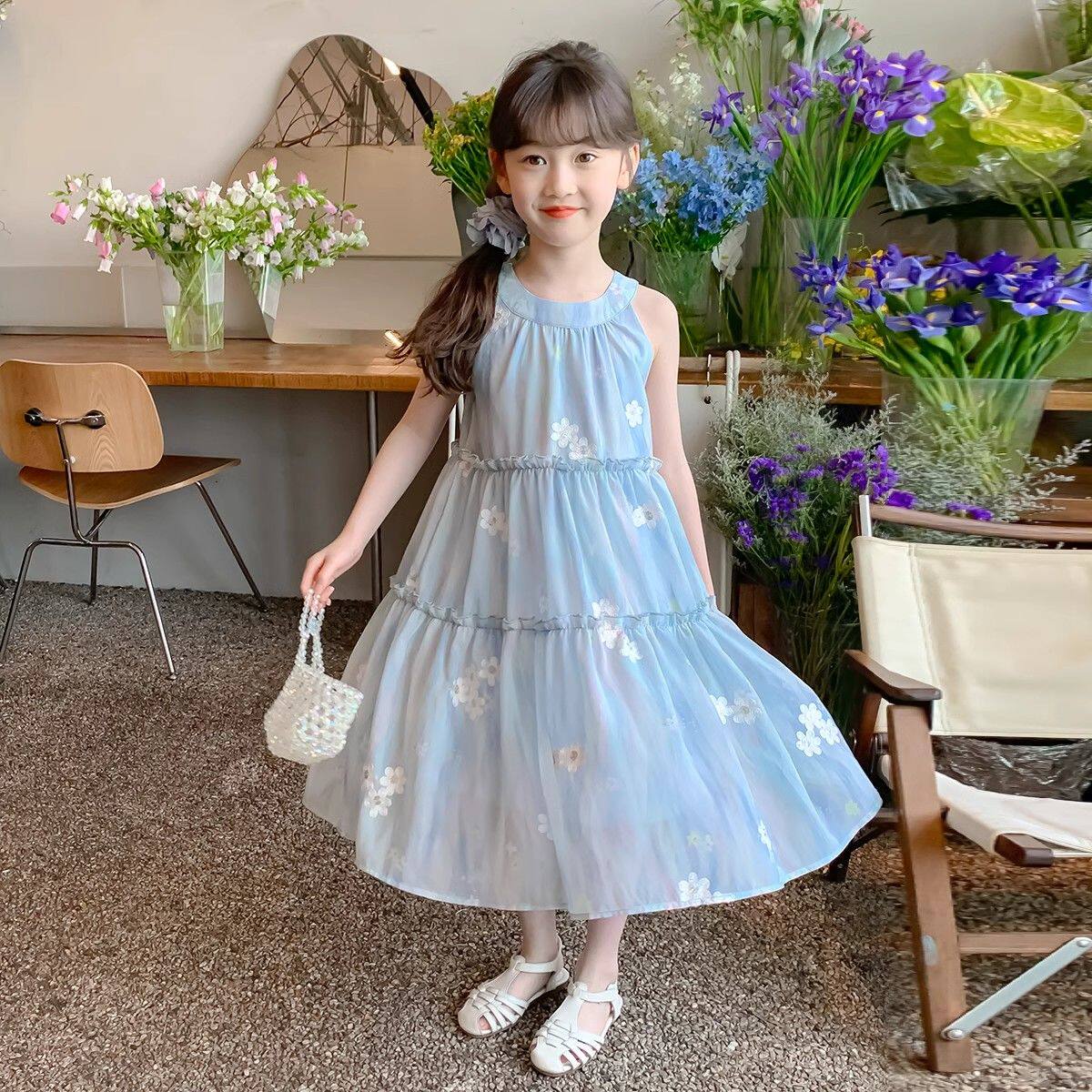 女童夏季裙子2024新款夏天沙滩无袖裙小女孩公主裙儿童夏装连衣裙