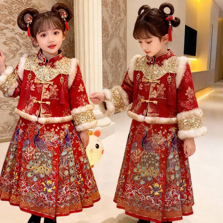 女童唐装汉服冬装2026新款汉服中式儿童马面套装女孩国风新年拜年