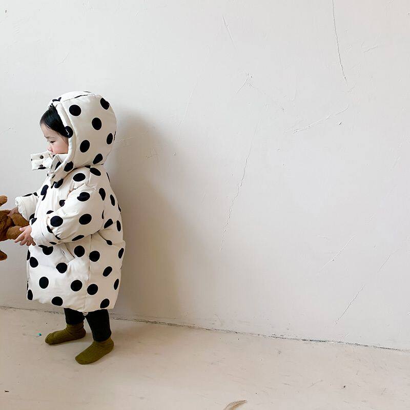 韩国儿童洋气波点羽绒棉服冬新款男女童中长款加厚保暖外套棉衣潮