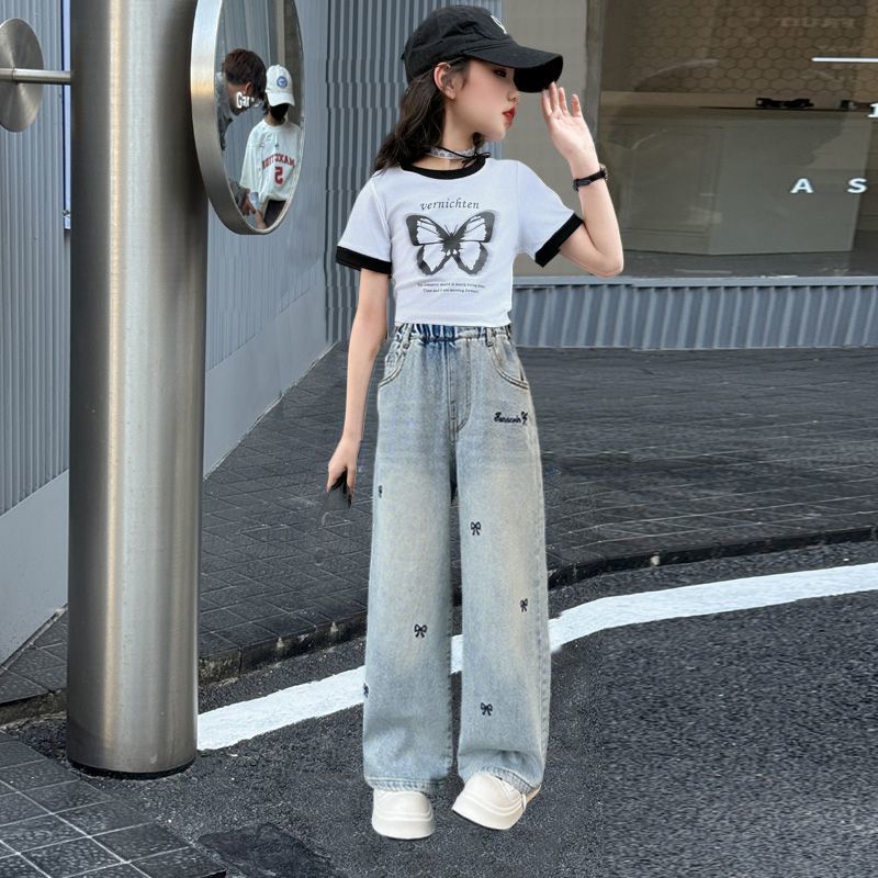 女童短袖套装小女孩洋气童装中大儿童短袖牛仔长裤两件套夏季薄款