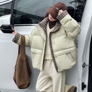 女童格子拼接羽绒棉服冬装加绒加厚短款韩版棉衣女孩爆款棉袄外套