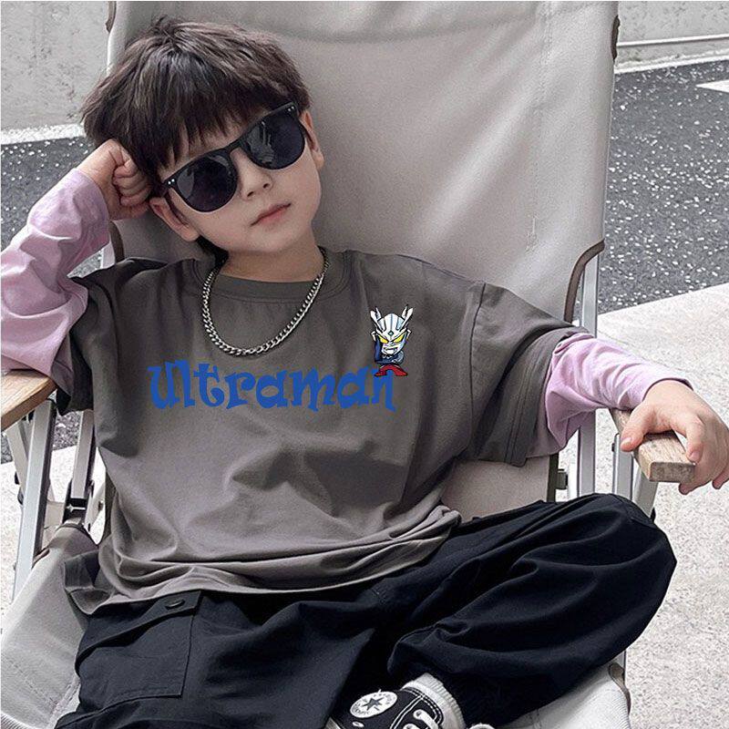 男童100%纯棉卡通假两件新款春秋儿童奥特曼上衣T恤长袖爆款童装t