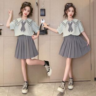 夏装 女童夏季 短裙两件套潮 多巴胺海军领短袖 学院洋气韩版 套装 新款