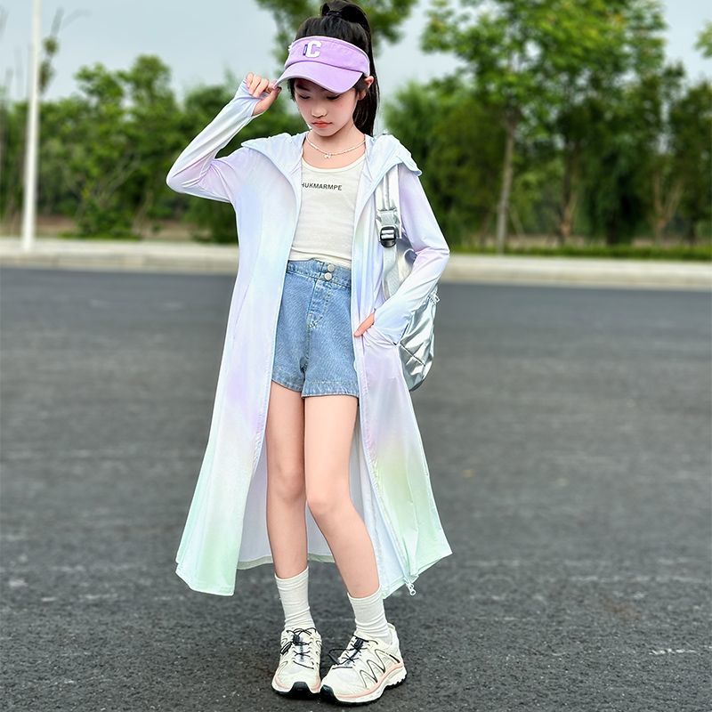 防晒衣女童夏季2026新款女孩长款修身冰丝海边大童防晒服连帽罩衫