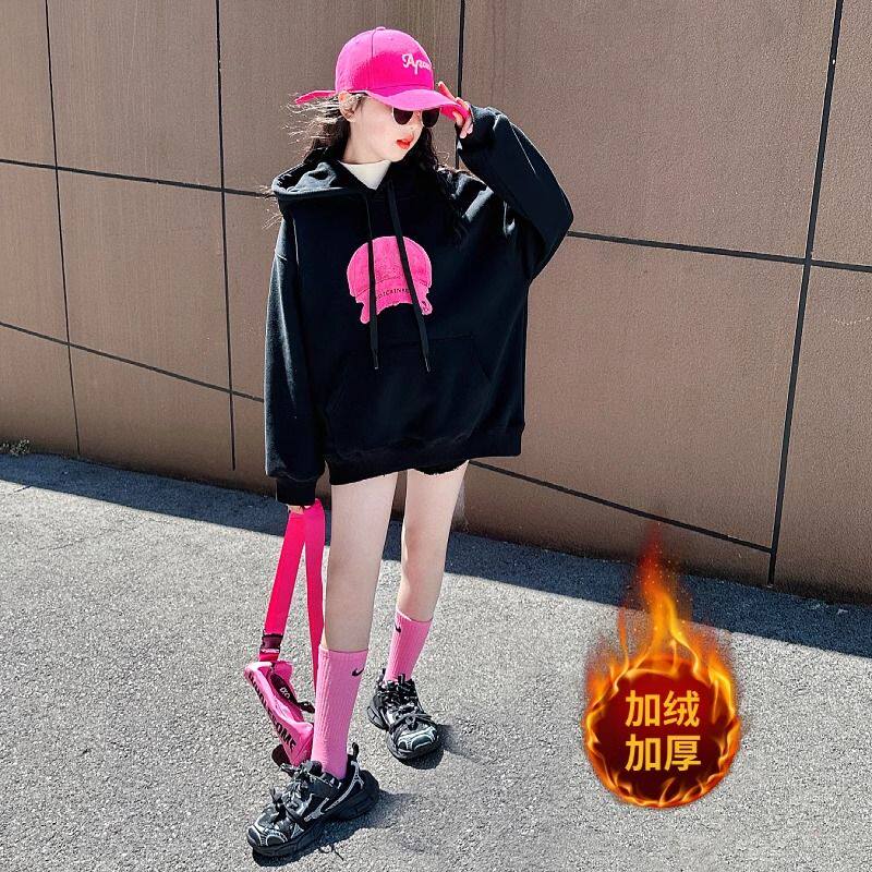 女童加绒加厚连帽卫衣2025秋冬季新款洋气女孩宽松慵懒风百搭帽衫