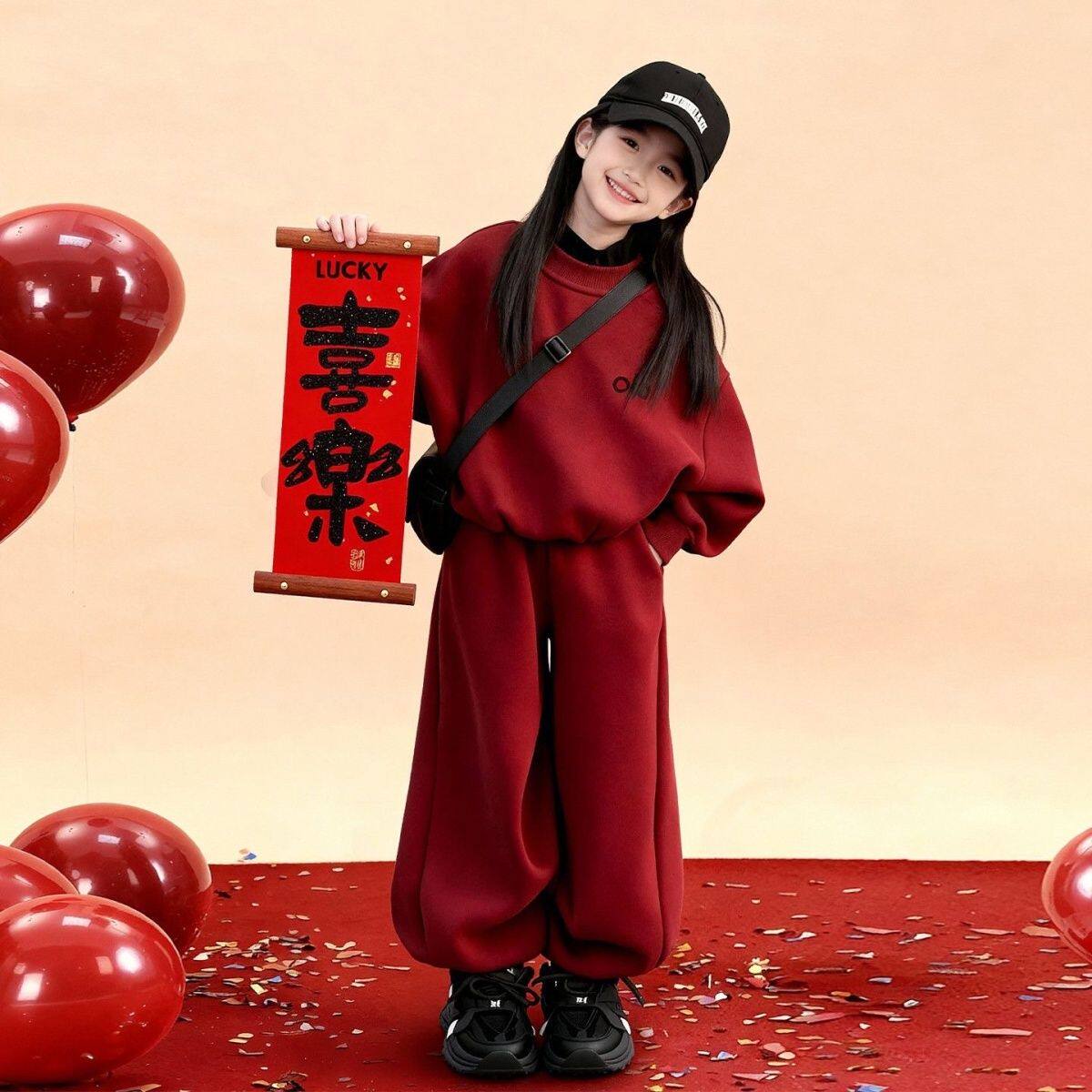 女童新年加绒套装新款本命年衣服加绒儿童过年喜庆女孩大童两件套