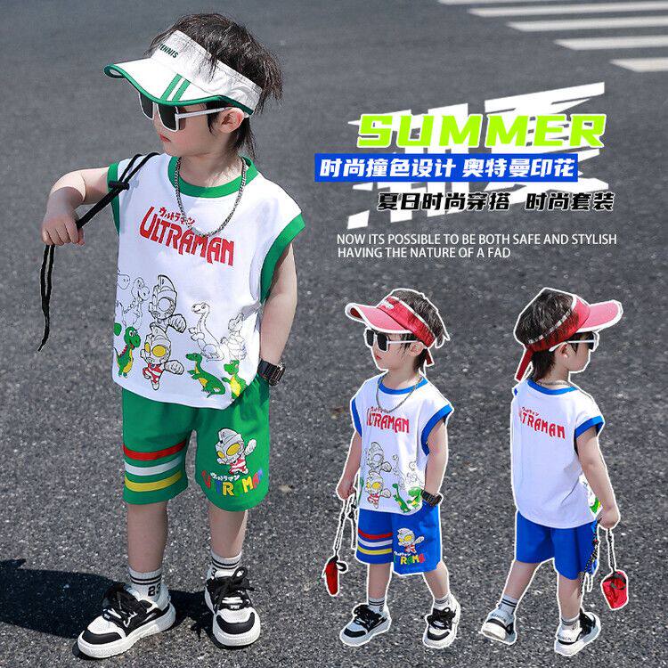 奥特曼男童套装衣服休闲夏季卡通运动时尚宝宝短袖短裤时髦两件套