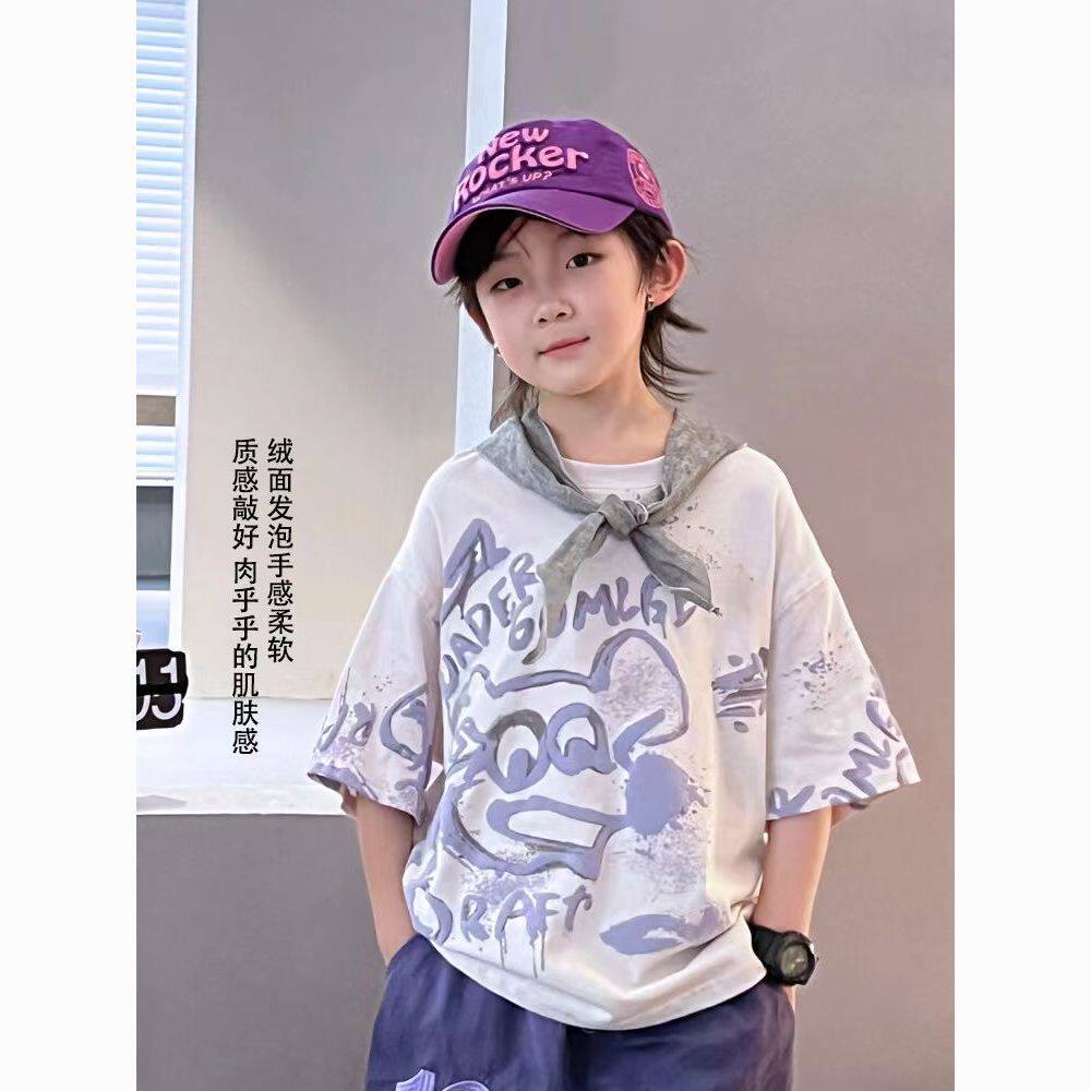 夏装短袖套装儿童男童女童新款纯棉短袖T恤紫色洋气防蚊裤运动裤
