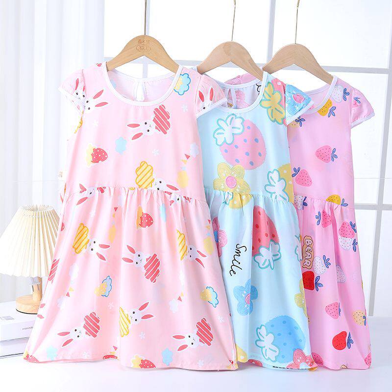 夏季儿童睡裙女童薄款棉绸裙子家居服空调服中大童女孩系带裙子
