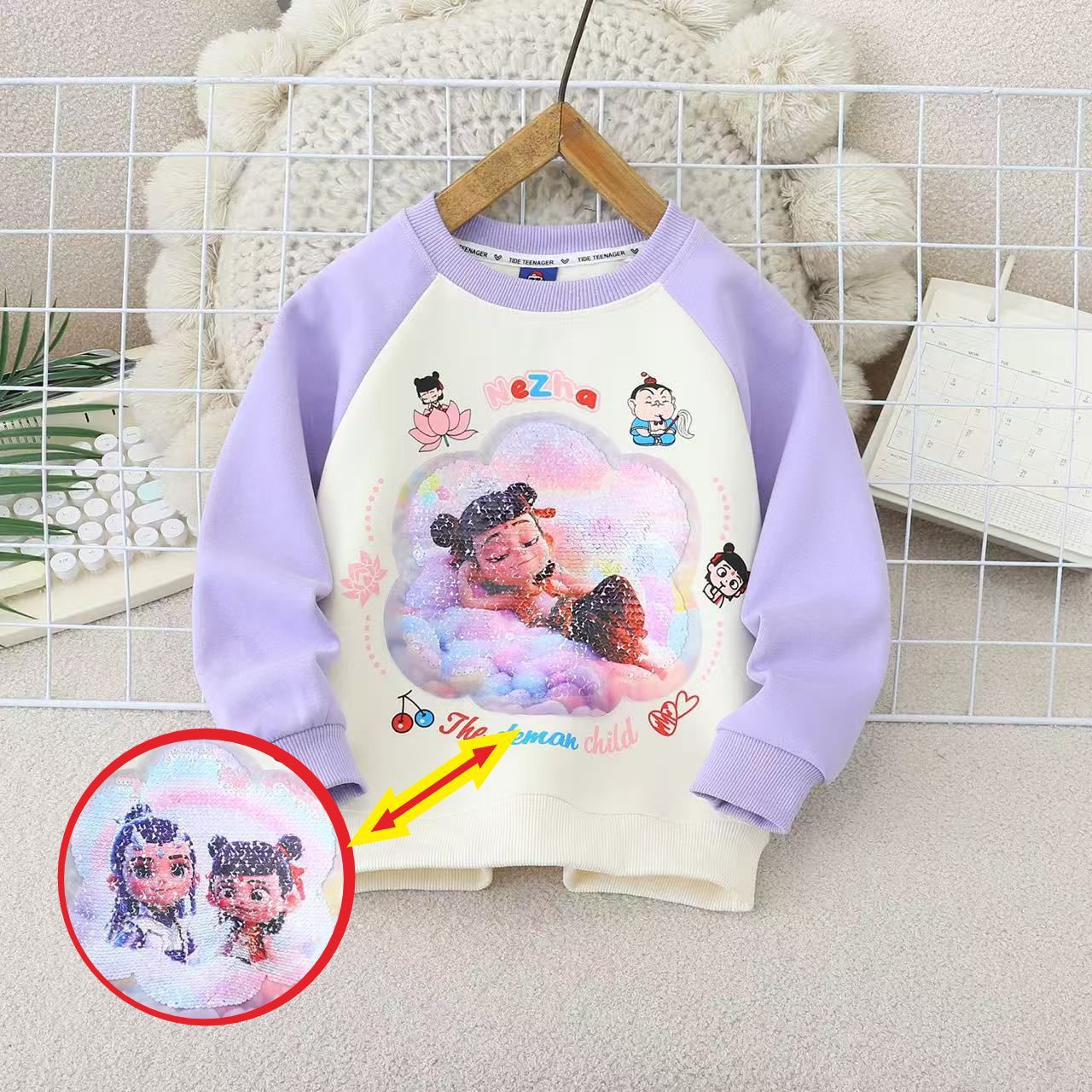 哪吒闹海儿童服装女童亮片变色卫衣春秋款女孩国潮翻转变图案衣服