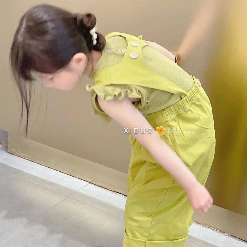 韩版女童2026夏季新款黄绿色百搭背带阔腿裤女孩小飞袖针织背心潮