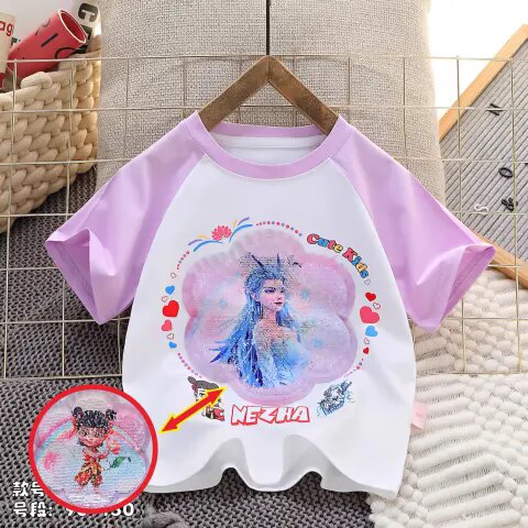 哪吒儿童衣服敖丙姑姑夏装女童亮片变色短袖t恤衫女孩变图案半袖