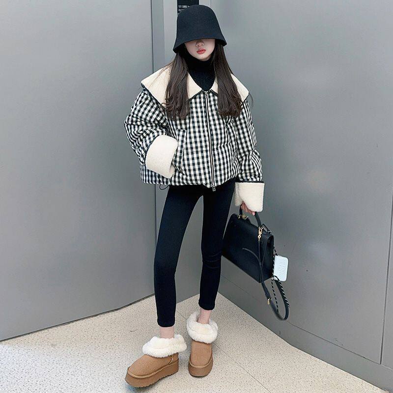 女童冬装棉衣2026新款洋气儿童手塞棉服冬季加厚格子短款棉袄外套