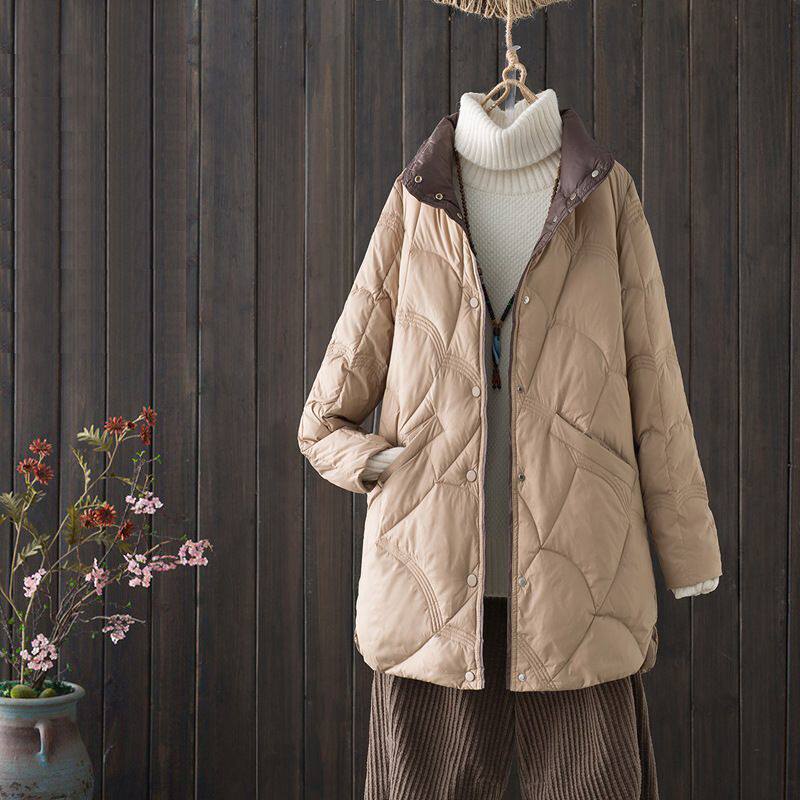 跨境秋冬轻薄款羽绒服女中长款白鸭绒时尚洋气复古祥云立领外套潮