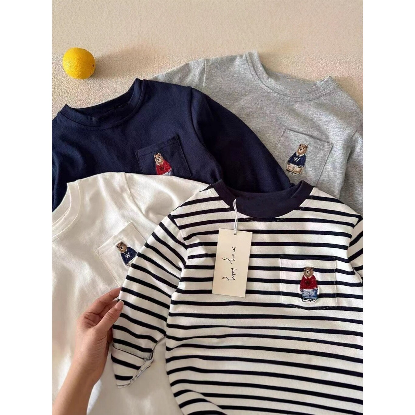 春秋季儿童纯棉长袖衫中大童口袋小熊刺绣T恤女童可爱卡通打底衫