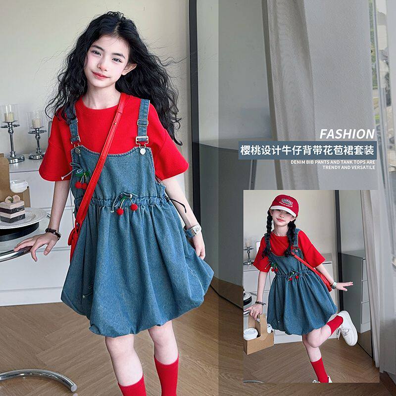 2026夏装套装女童夏季新款中大童甜美牛仔短袖背带儿童两件套潮流