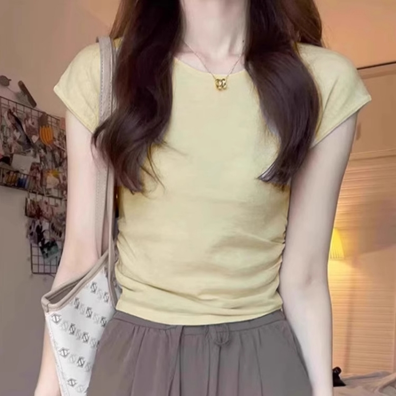 潮牌奶黄色短袖t恤女夏季新款针织衫修身短款小飞袖薄款正肩上衣