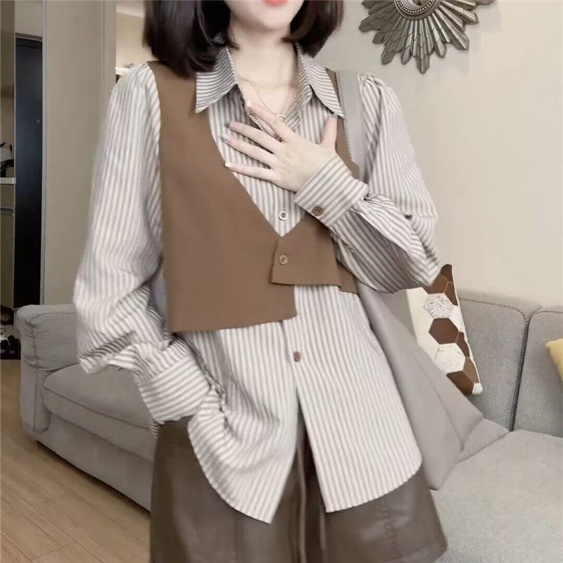 潮牌1212假两件条纹长袖衬衫女士春秋法式小个子时尚洋气减龄上衣