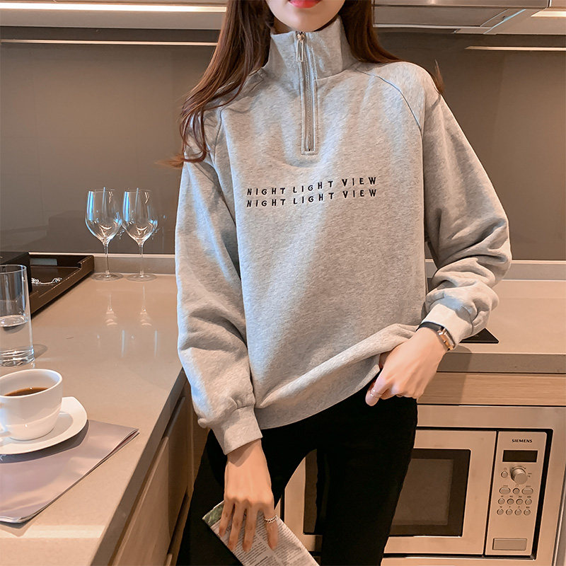 潮牌冬季加绒高领卫衣女新款设计感小众拉链薄绒宽松春秋内搭上衣