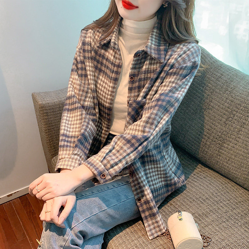 潮牌1212加绒磨毛格子衬衫女内搭早秋季秋装新款外穿上衣叠穿衬衣