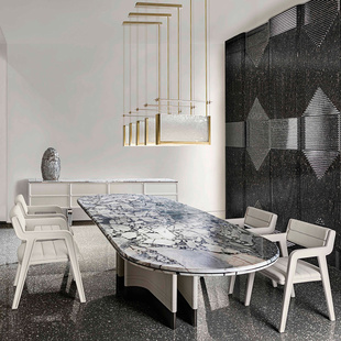 餐桌 轻奢大理石面餐桌灰长方形设计师餐桌家用现代简约不锈钢意式