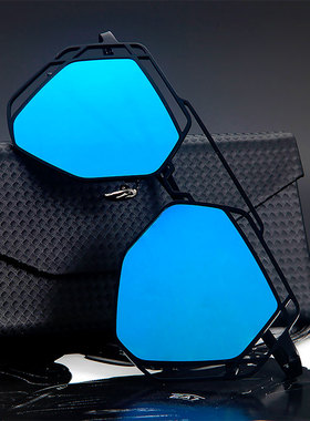 个性网红高清偏光太阳镜女款大脸彩色蓝色墨镜金属框显脸小蛤蟆镜