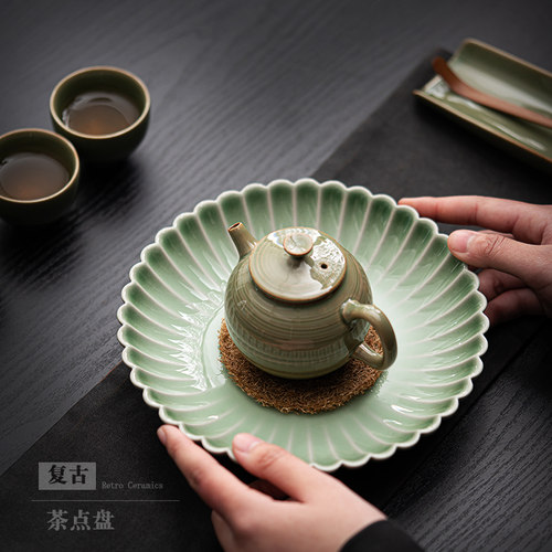 仿古陶瓷壶承青瓷单层茶承壶托可爱花瓣壶承养壶垫干泡茶台茶点盘 - 封面