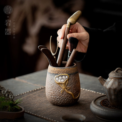 粗陶鎏金茶道六君子泡茶工具套装