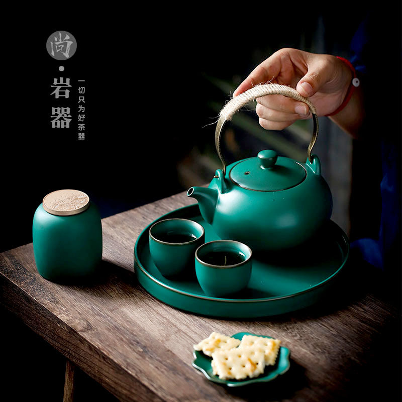 复古大容量茶壶陶瓷简约一壶二杯中式家用功夫茶具提梁壶茶杯套装