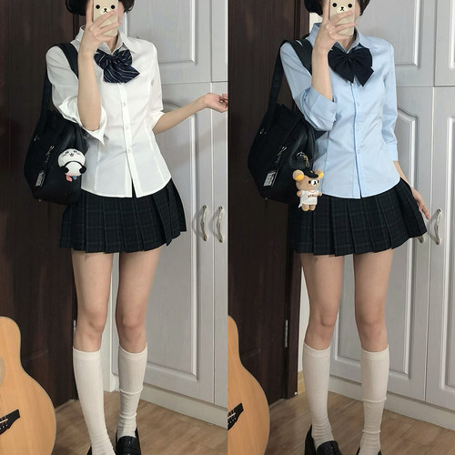 原创七分袖短袖校供感上衣收腰