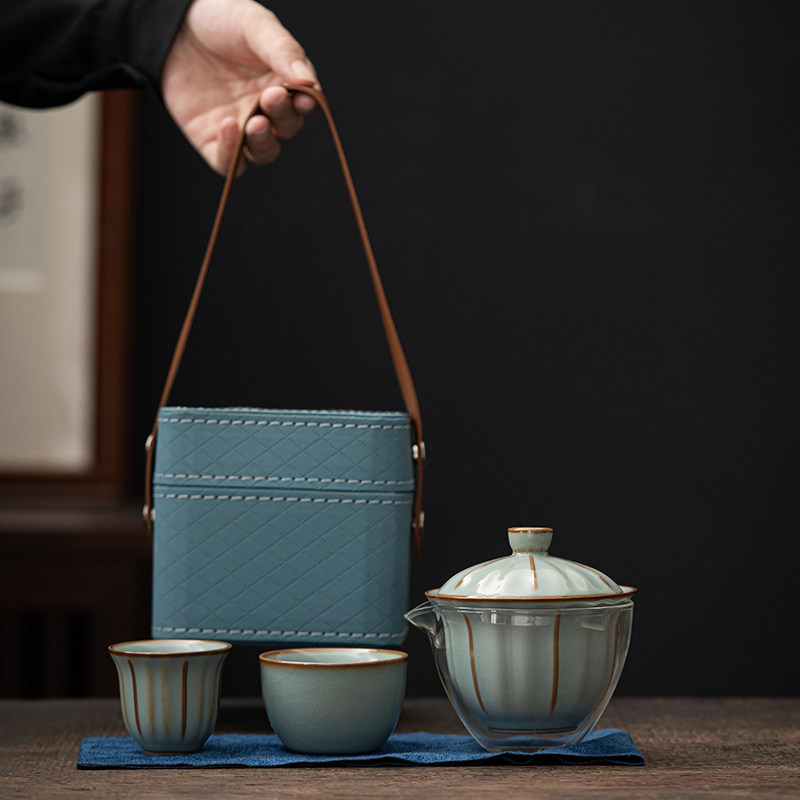 汝窑旅行茶具套装快客杯一壶两杯便携式随身户外功夫茶杯泡茶壶
