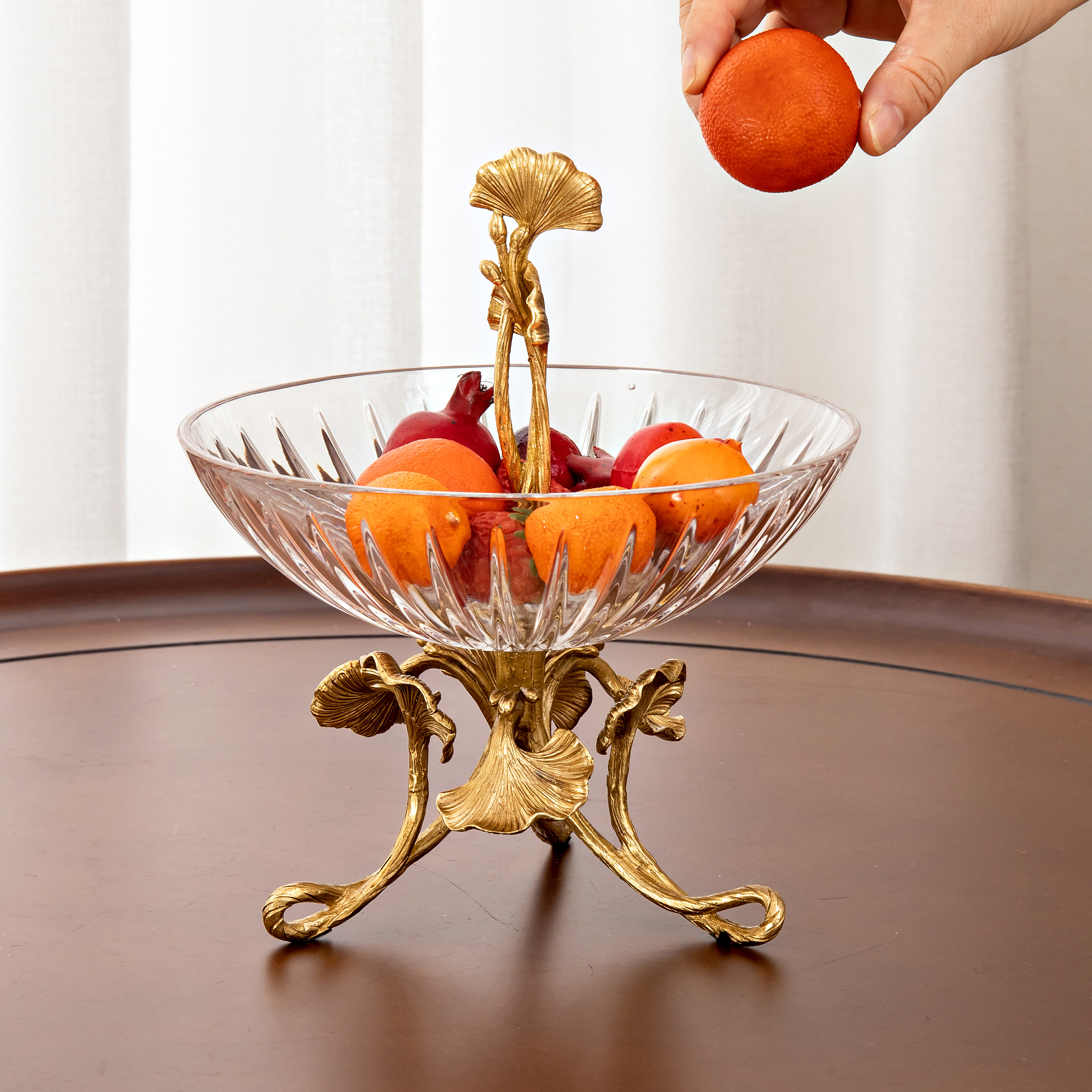 复古欧式水晶玻璃果盘金色雕花三脚果篓客厅茶几黄铜高端水果盘