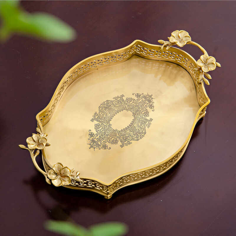 黄铜美式椭圆铜果盘收纳盘家居软装样板房家用工艺品摆件果篓