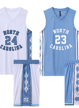 NCAA北卡大学生蓝色篮球服套装男女定制美式白色宽松球衣一套印字