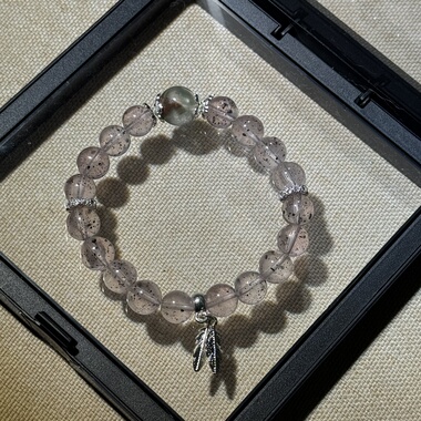 原创粉红豹六芒星黑云母草莓晶粉晶9mm+绿幽灵水晶手串【H35】