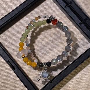 原创黑体灰月光8mm和田晴水彩兔毛海蓝宝如意锁平安扣手串【259】