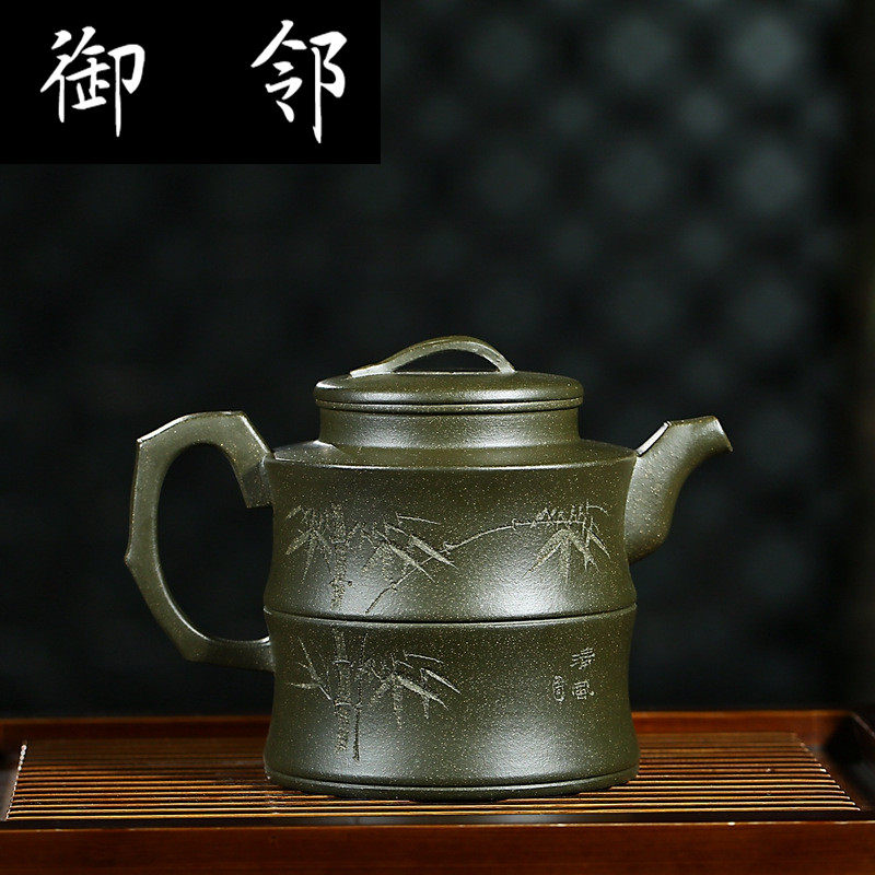 宜兴名家全手工品质款紫砂壶民国绿泥 竹鼎名家茶壶手持壶照片