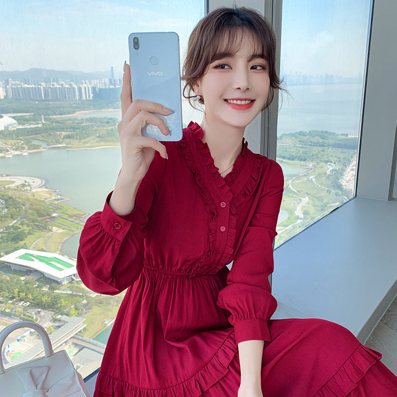 中长裙坚果2021春季新款韩版名媛气质修身大摆裙收腰红色连衣裙