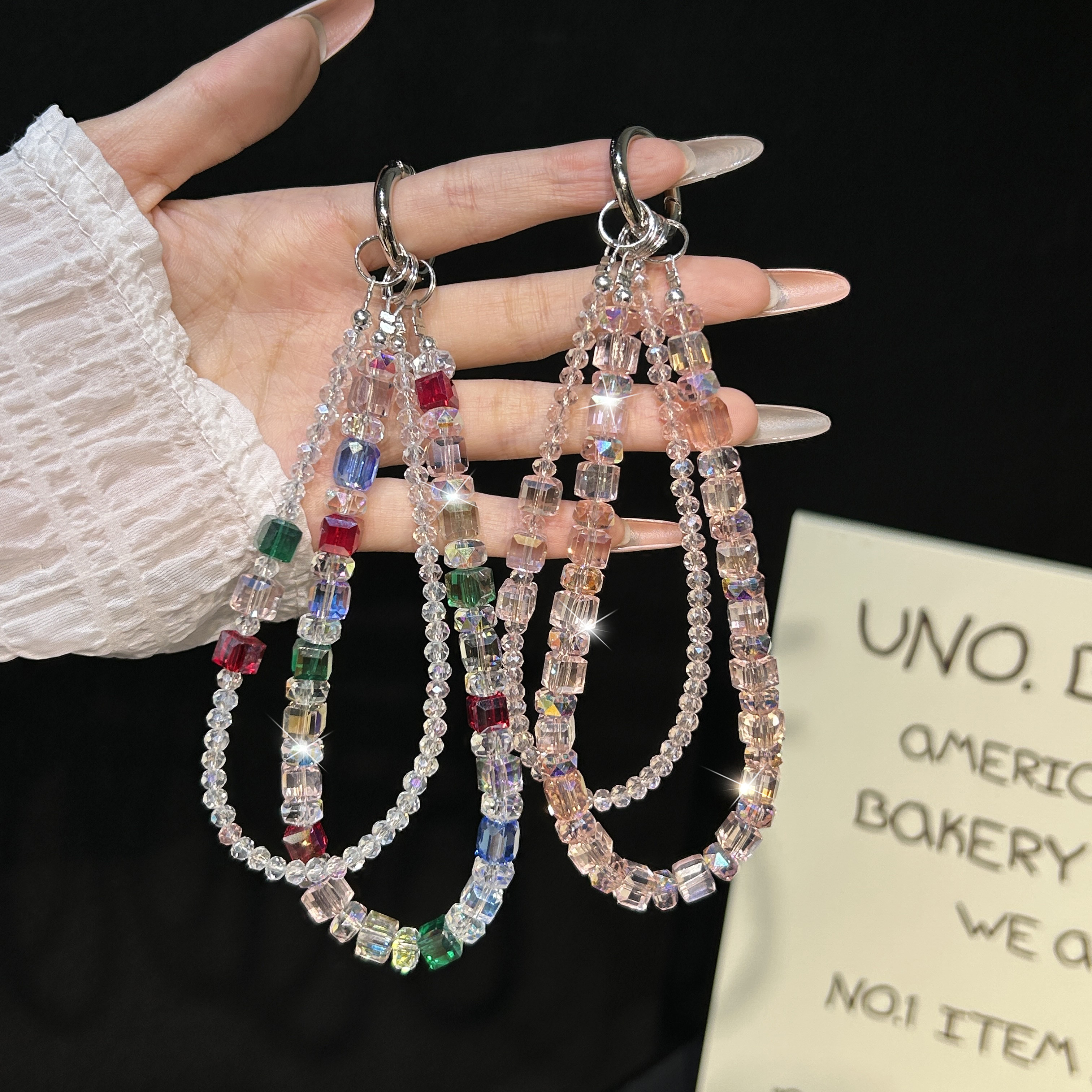 彩虹方块水晶双链手机挂绳挂件高颜值多功能挂饰轻奢时尚潮流防摔手腕串珠手机链女多巴胺爆闪包包挂件钥匙扣