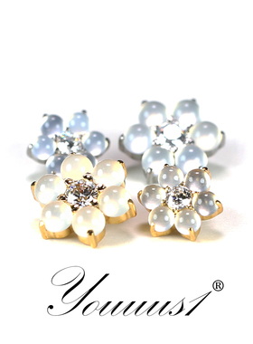 Youuus1 钛合金耳钉六叶白玛瑙隐形微镶大小号一个装金银双色限定