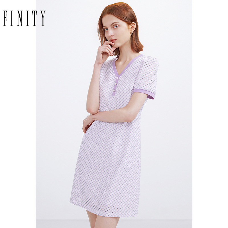 FINITY菲妮迪夏装连衣裙优雅气质收腰短袖V领显瘦仙女裙