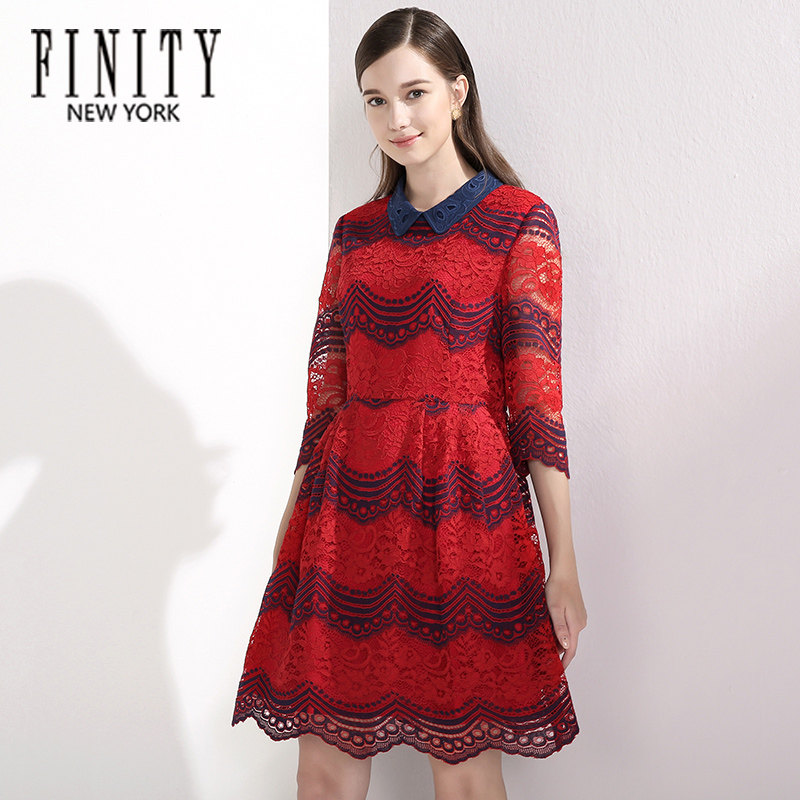特价 菲妮迪/finity专柜正品 秋季优雅休闲蕾丝镂空拼接连衣裙