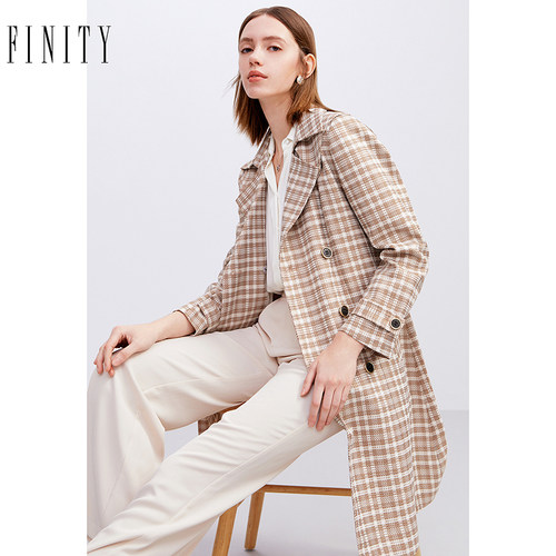 FINITY2024年秋装格子风衣女休闲上衣收腰英伦风中长款大衣女
