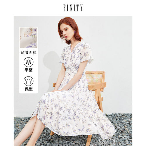 FINITY2023年春装新款连衣裙女V领印花设计感宽松休闲中长款裙子