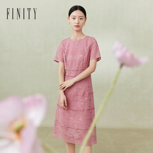 FINITY菲妮迪品牌连衣裙2024春夏圆领镂空花边设计感百搭气质裙子