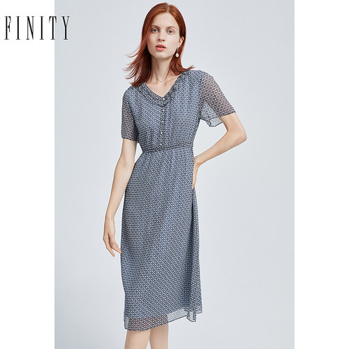【100%桑蚕丝】FINITY菲妮迪夏装小清新真丝连衣裙中长款裙子