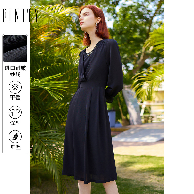 FINITY2024秋装气质纯色梭织连衣裙V领宽松休闲中长款裙子女